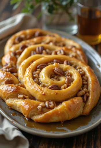 Medaus ir riešutų burekas iškeptas iki auksinės spalvos, su medaus sirupu