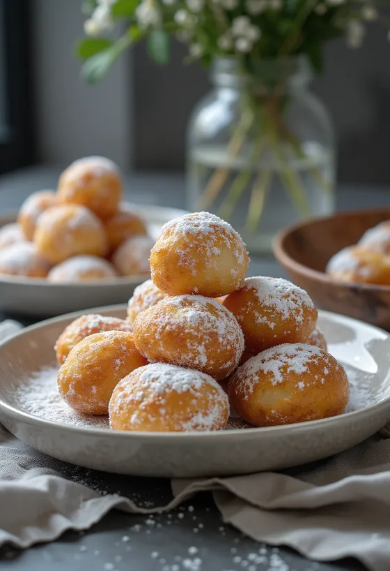 Smoutebollen belgiškos spurgos lėkštėje