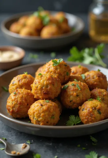 Falafeliai traškia auksine plutele, apibarstyti šviežiomis žolelėmis