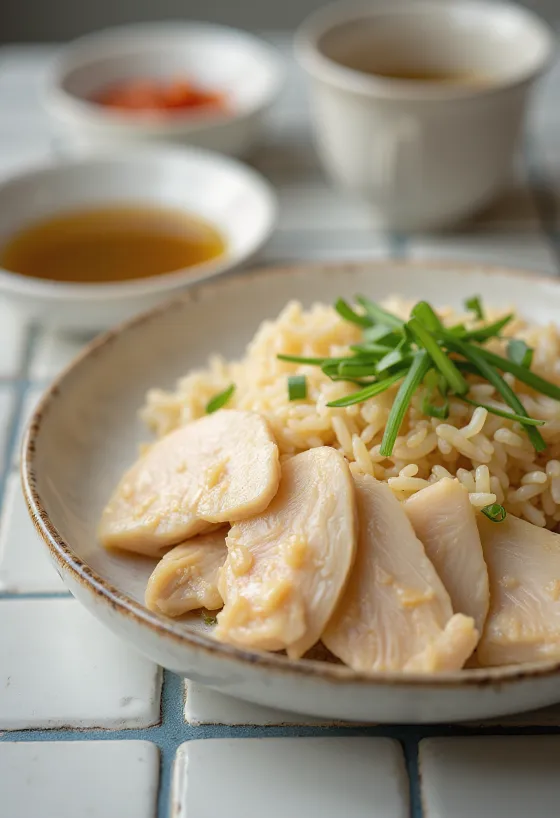 Hainano vištiena su ryžiais patiekiama lėkštėje