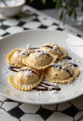 Ravioliai su „Nutella“ ir kokosais lėkštėje