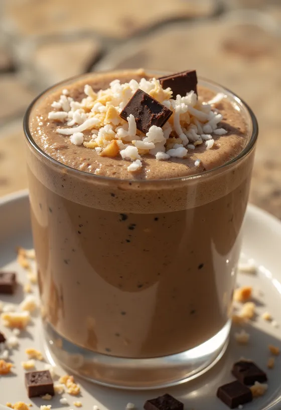 Kavos ir kokosų kokteilis, papuoštas kokosų drožlėmis ir šokoladu