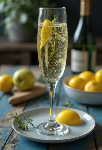 Itališkas „Prosecco“ sidras taurėje, papuoštas rozmarino šakele