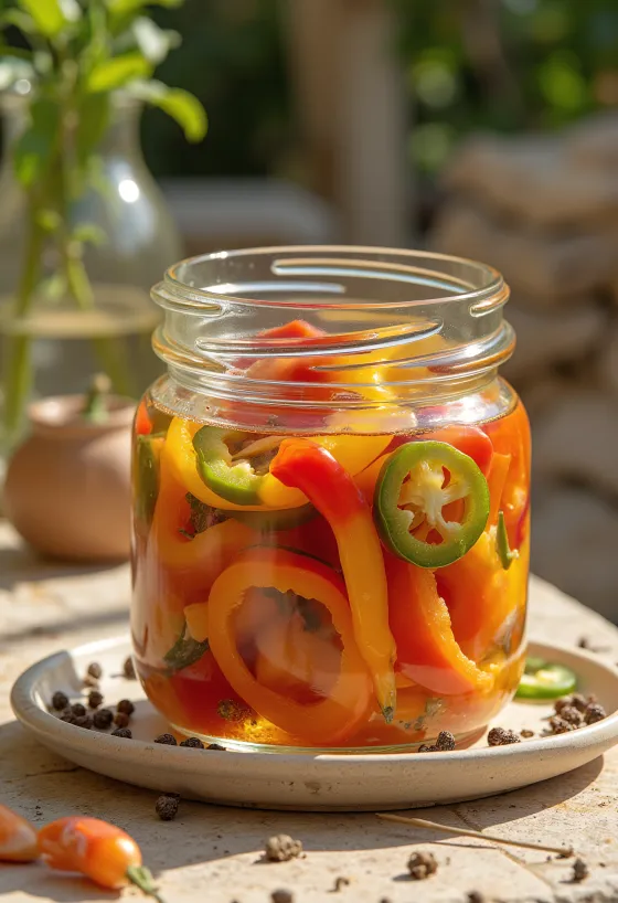 Aštrios marinuotos paprikos stiklainyje