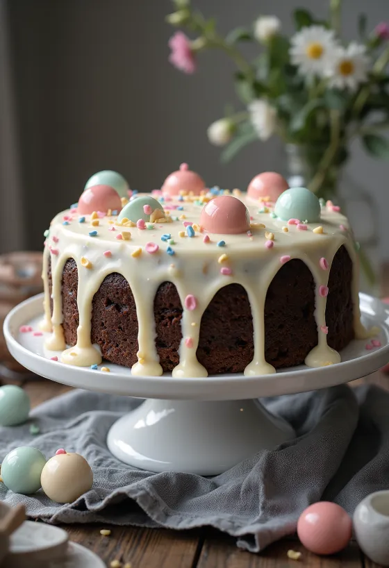 Šokoladinis tortas su taškeliais, puoštas baltu kremu ir valgomais taškeliais