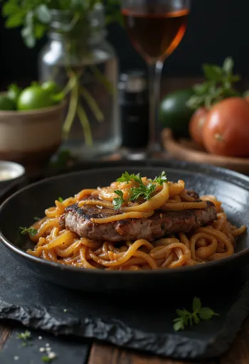 Bistec Encebollado patiektas su svogūnais ir garnyru