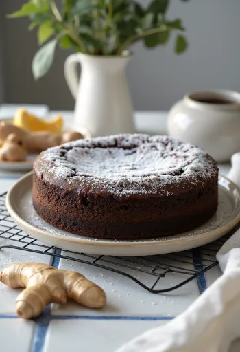 Šokoladinis tortas su imbieru, pabarstytas cukraus pudra ir tarkuotu imbieru