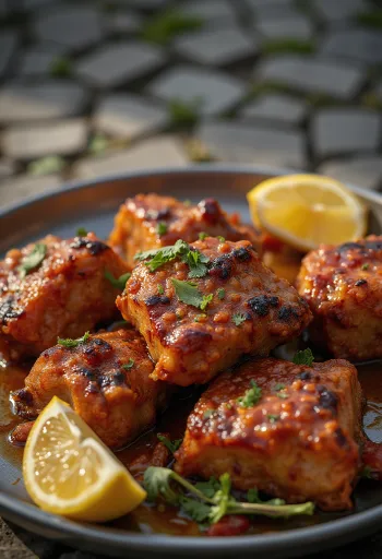„Tandoori“ ožkiena, patiekta su „Naan“ duona ir šviežia kalendra.