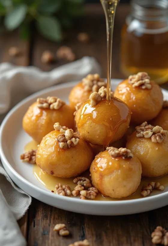 Zeppole su medumi ir graikiniais riešutais, auksiniai kepiniai, patiekti su medumi