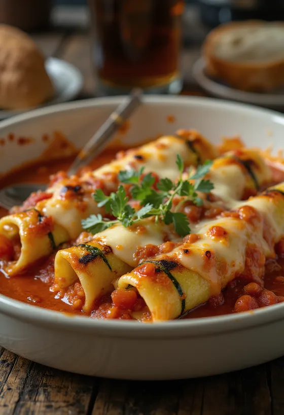 Cannelloni su grilyje kepta cukinija ir rūkytu sūriu patiekti