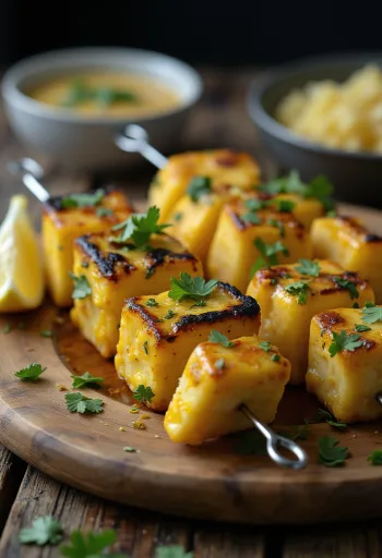 Achari paneer tikka, grilyje kepti paneer gabalėliai, marinuoti jogurte, patiekti su kalendra ir citrina