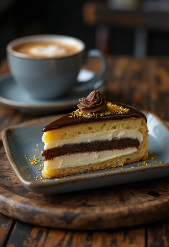 Prancūziškas operos tortas su šokoladinio ganašo sluoksniais ir espreso skoniu