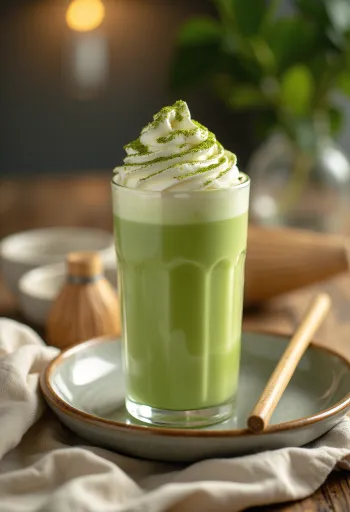 Šviežiai patiekta Matcha frapė su plakta grietinėle