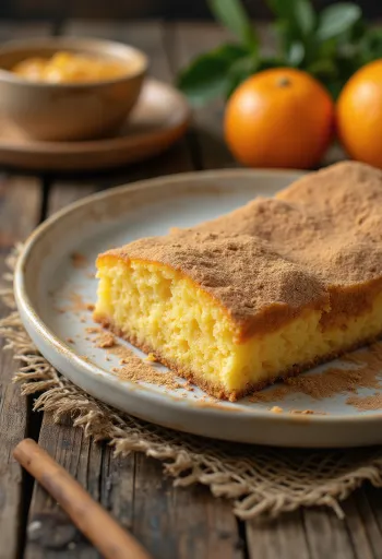 Apelsininis tortas su cinamonu, supjaustytas gabalėliais