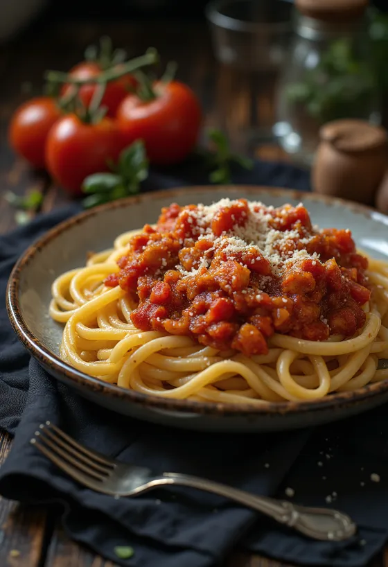 Makaronai su pomidorais, šviežiu baziliku ir tarkuotu parmezano sūriu
