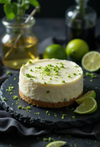 Žaliųjų citrinų ir mėtų sūrio tortas, supjaustytas gabalėliais