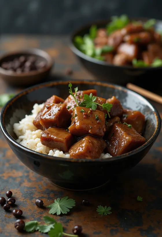 Pork adobo, patiekta su virtais ryžiais