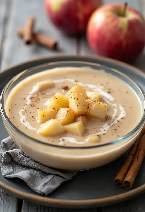 Trinta obuolių sriuba su cinamonu lėkštėje