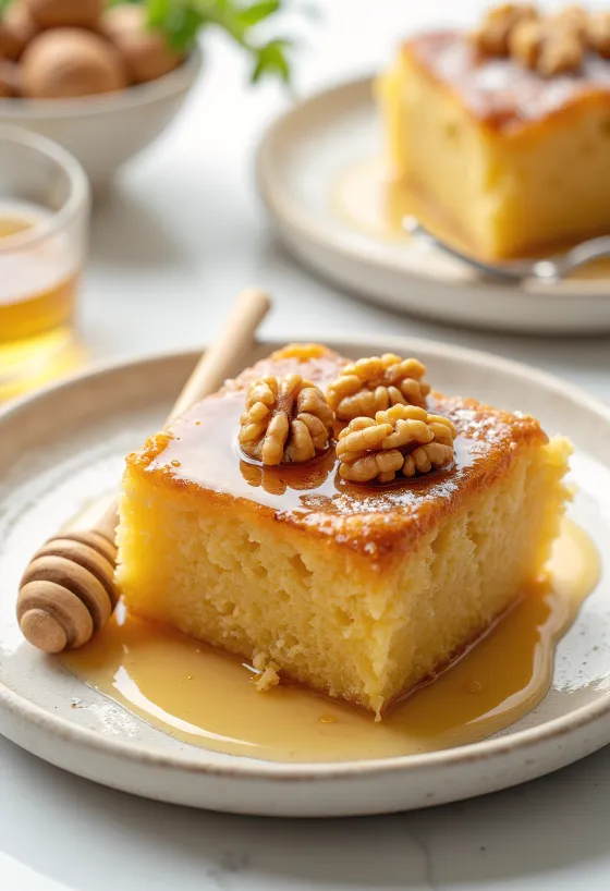 Graikiškas medaus ir riešutų tortas, papuoštas riešutų branduoliais ir medaus glazūra