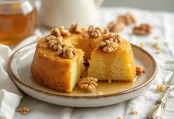 Graikiškas medaus ir riešutų tortas, papuoštas riešutų branduoliais ir medaus glazūra