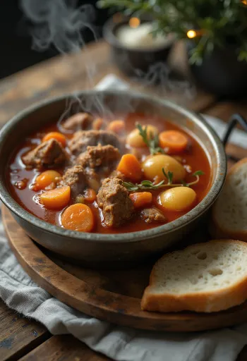 Katile virtas guliašas, dvelkiantis dūmais, patiekiamas gausiai su šviežia duona