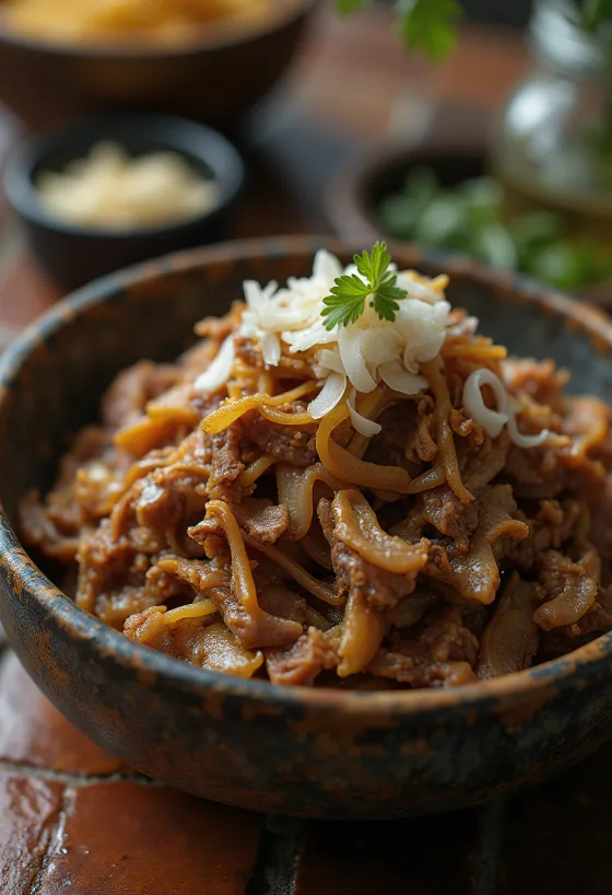 Carne Seca patiekiama su ryžiais ir šviežia kalendra