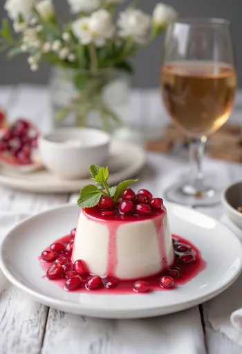 Panna Cotta su granatais lėkštėje
