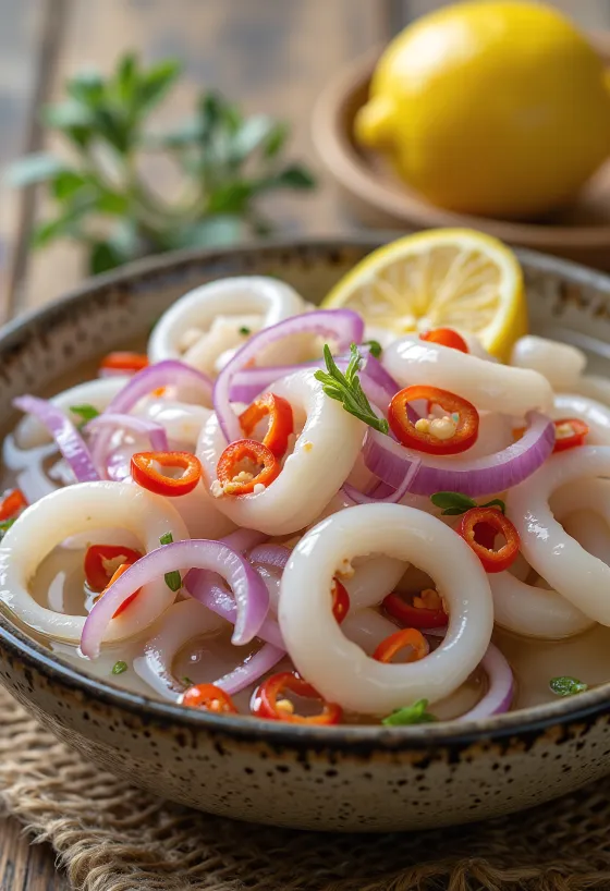 Aštrūs marinuoti kalmarų žiedai stiklainyje