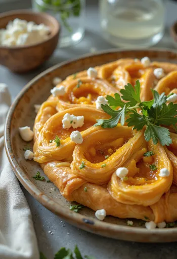 Auksinės spalvos burekas su moliūgais ir bazilikais