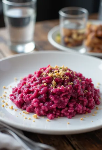 Patiektas veganiškas burokėlių rizotas