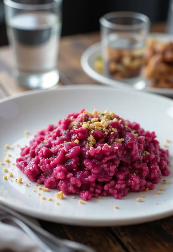 Patiektas veganiškas burokėlių rizotas
