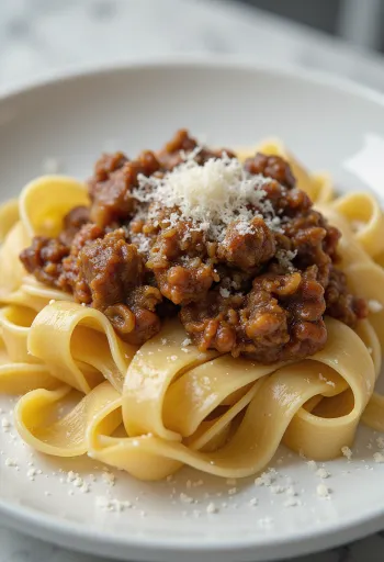 Šernienos ragu su pappardelle makaronais lėkštėje